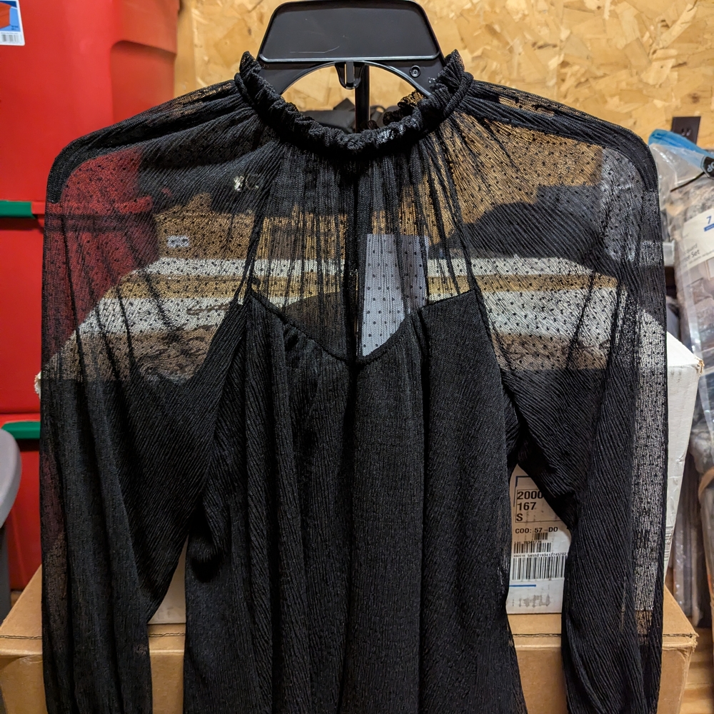 Thread & Clover Brand Stylish Black Sheer Top with Ruffled Neckline